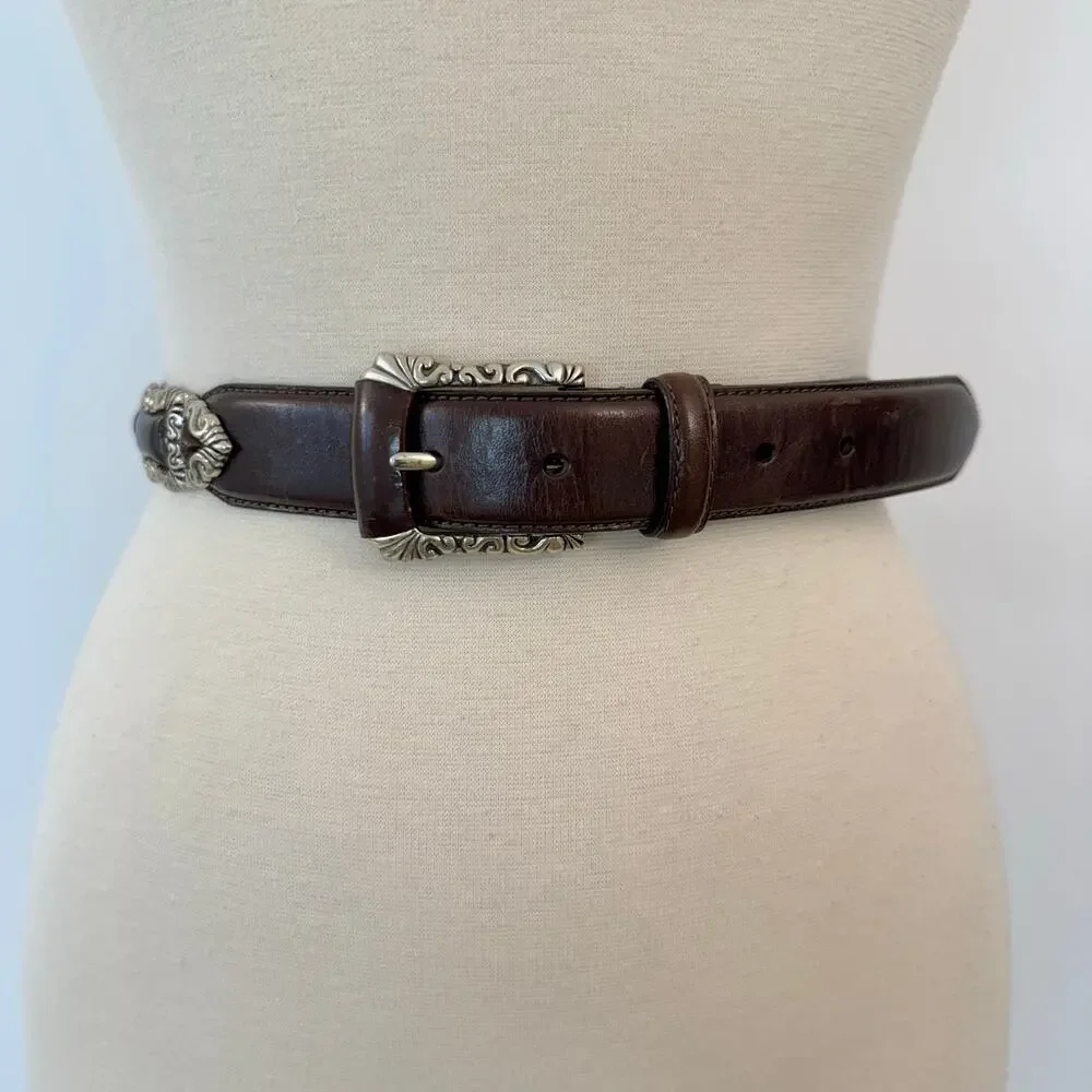 Fossil Brown Leather Belt Silver-Tone Hardware Boho Design Size M